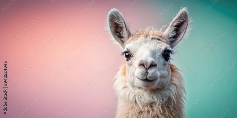 Obraz premium Cute face llama with fluffy fur against a pastel background, llama, cute, fluffy, adorable, animal, face, pastel, background, sweet