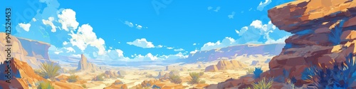 Sizzling Summer Serenity: Anime-Style Desert Landscape Illustrating Nature's Resilience - Captivating Seasonal Artwork for Holiday Marketing, Travel Campaigns, and Environmental Awareness