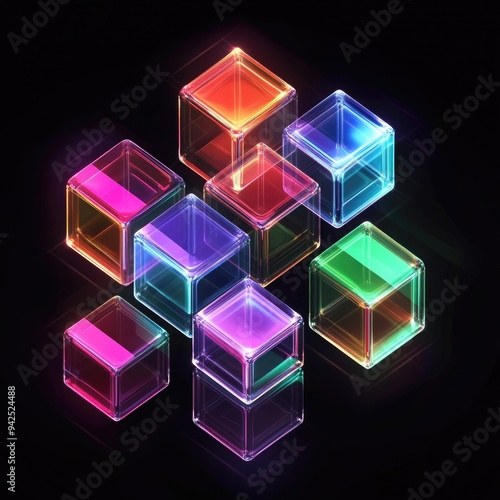 Isometric perspective, colorful gradient glass blocks with neon light effects, floating in the air on a black background.