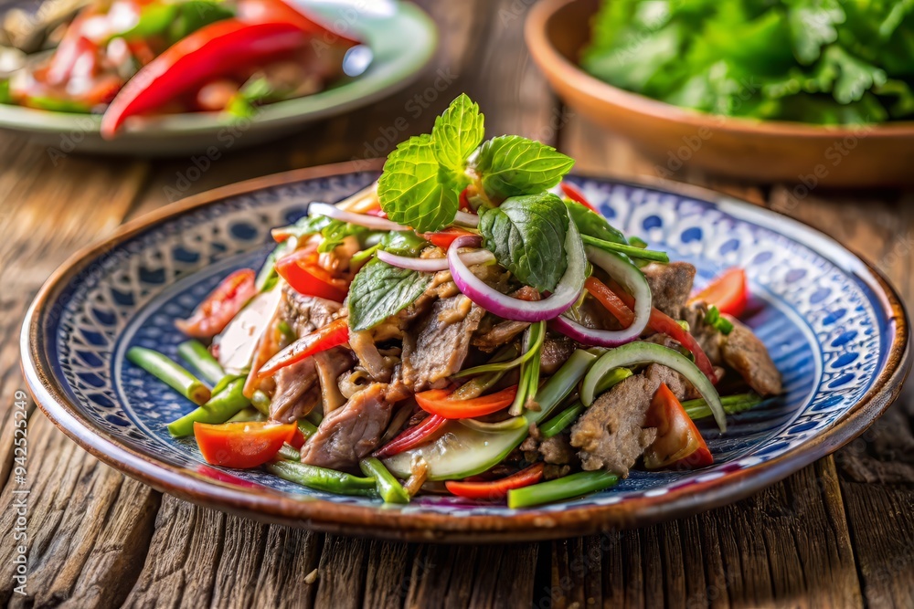 Soft, diffused lighting and shallow focus highlight the delicate flavors and presentation of Nam Tok Moo on a delicate, hand-painted ceramic plate. Soft, diffused lighting and shallow focus highlight the delicate flavors and presentation of Nam Tok Moo on a delicate, hand-painted ceramic plate.