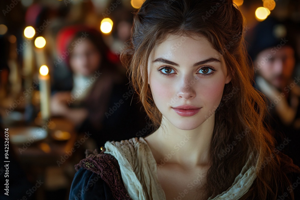 Dramatic candlelit portrait of a young woman with a mysterious gaze Dramatic candlelit portrait of a young woman with a mysterious gaze