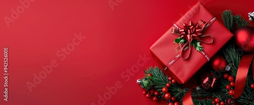 Red Christmas Gift Box with Festive Decorations on Red Background