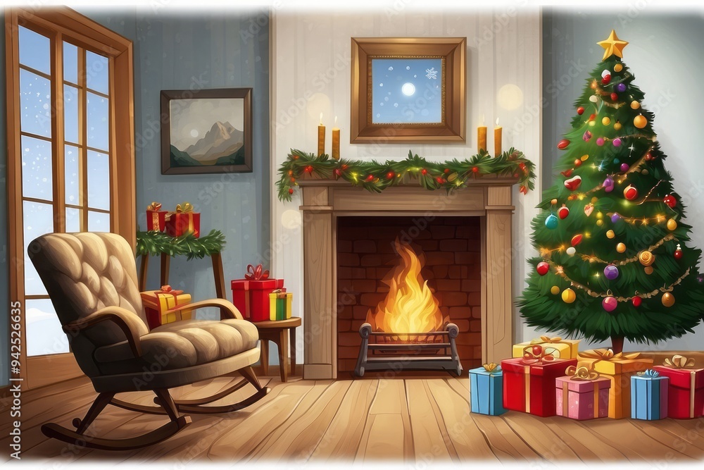 Cozy Christmas Living Room with Rocking Chair and Fireplace Cozy Christmas Living Room with Rocking Chair and Fireplace