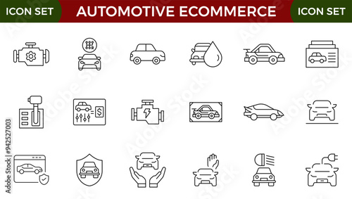 Automotive eCommerce web line icon. Vehicle Parts, Elite Garage, Automotive Tools, Auto Care, Car Electronics, Vehicle Maintenance.