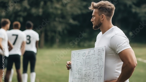 Strategic Planning on the Pitch: Soccer coach orchestrating a game plan, whiteboard in hand, with his focused team in the background.  photo