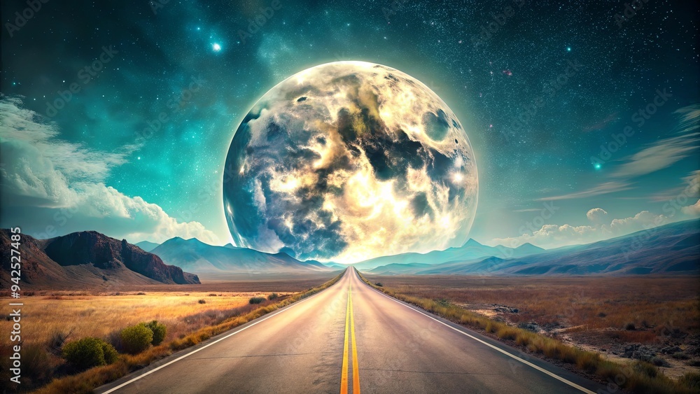 Fototapeta premium Surreal road trip through a dreamlike landscape towards a giant moon