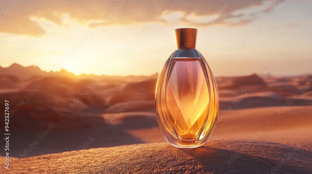 A sophisticated 3D render of a perfume glass bottle set against a dramatic desert landscape during golden hour. The bottle, designed with clean lines, stands on a dune with the warm hues of a sunset A sophisticated 3D render of a perfume glass bottle set against a dramatic desert landscape during golden hour. The bottle, designed with clean lines, stands on a dune with the warm hues of a sunset