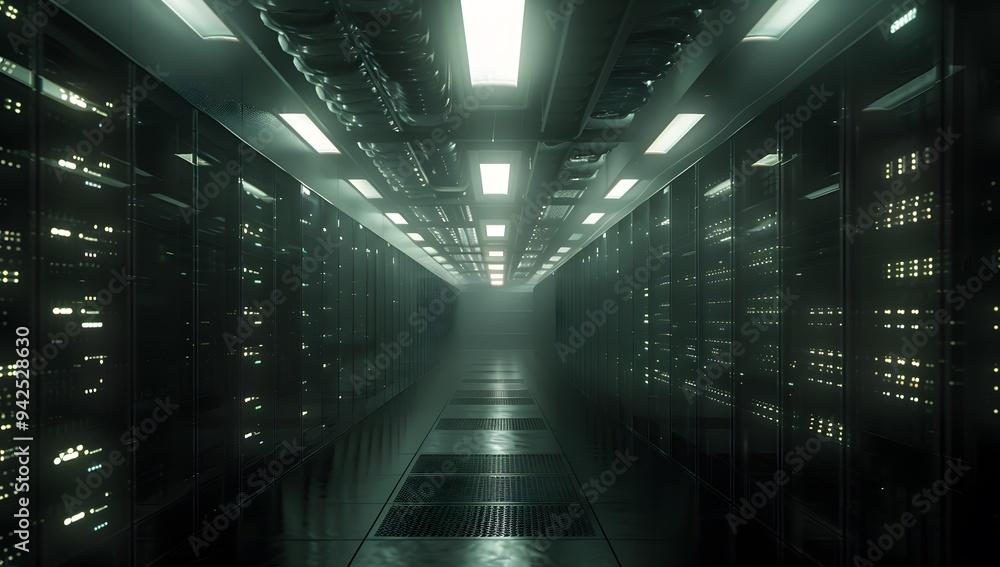 Server room. Modern dark data center with rows of server cabinets illuminated by bright lights, creating an atmosphere reminiscent of the film Server room. Modern dark data center with rows of server cabinets illuminated by bright lights, creating an atmosphere reminiscent of the film