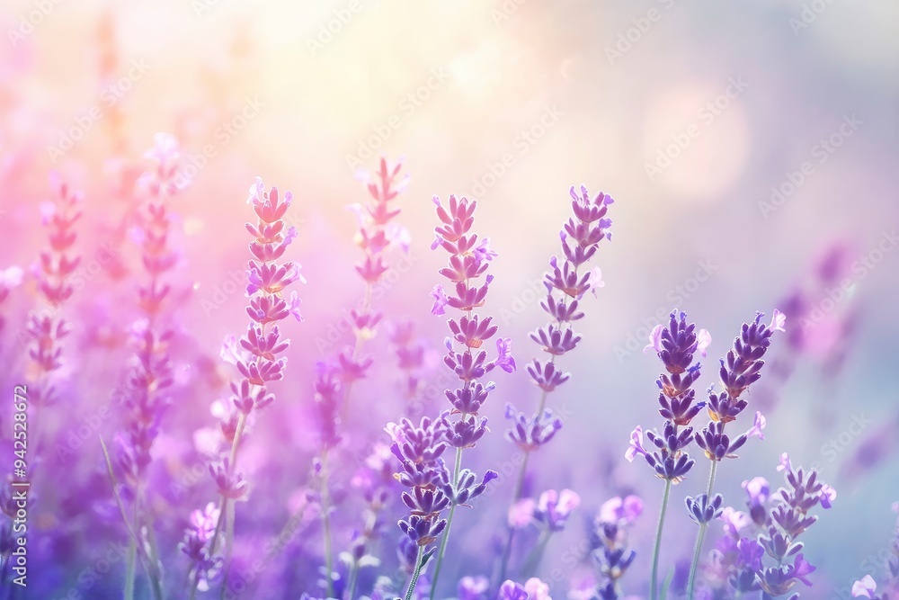 Naklejka premium Lavender flowers field, soft focus. Beautiful Nature summer Background. Floral Natural Wallpaper with purple Lavender flowers , ai
