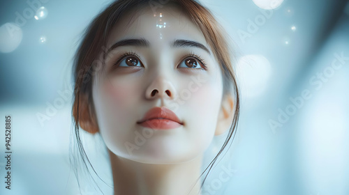 Close-up portrait of a young woman looking up with a soft, dreamy expression.