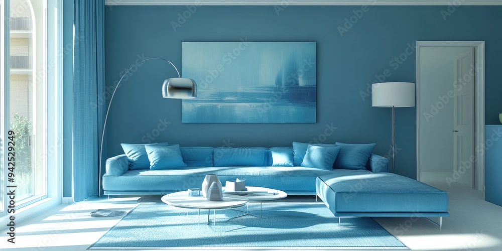3D rendering of a living room interior featuring blue furnishings 3D rendering of a living room interior featuring blue furnishings