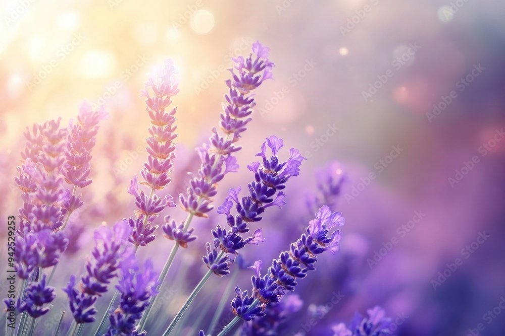 Naklejka premium Lavender flowers field, soft focus. Beautiful Nature summer Background. Floral Natural Wallpaper with purple Lavender flowers , ai