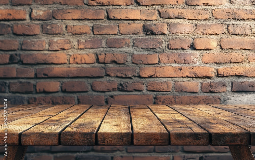 3D rendering of a wooden table set against a rustic brick wall blur background featuring empty space for product display mockup in a retro design montage presentation 3D rendering of a wooden table set against a rustic brick wall blur background featuring empty space for product display mockup in a retro design montage presentation