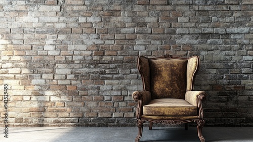 3D rendering of an antique chair positioned in front of a textured brick wall