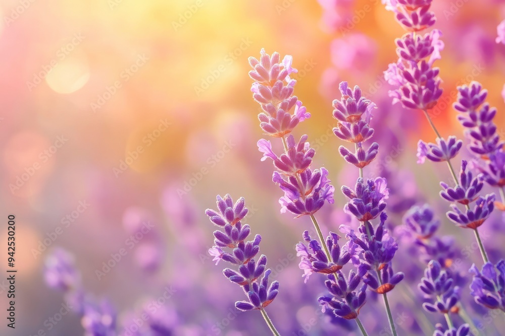 Obraz premium Lavender flowers field, soft focus. Beautiful Nature summer Background. Floral Natural Wallpaper with purple Lavender flowers , ai