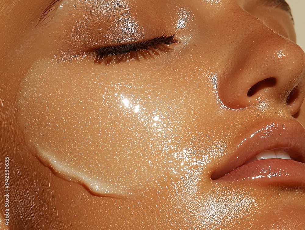 Obraz premium Close-up of a woman's face with glowing skin and a hydrating mask, showcasing skincare beauty and wellness.