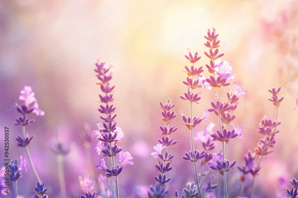 Naklejka premium Lavender flowers field, soft focus. Beautiful Nature summer Background. Floral Natural Wallpaper with purple Lavender flowers , ai
