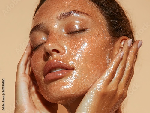 A close-up of a woman with radiant skin, applying a facial treatment that enhances her natural glow and beauty. photo