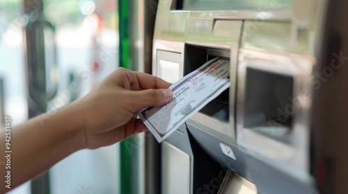 A person depositing a check at an ATM, representing modern banking and financial transactions. --ar 16:9 --style raw --stylize 50 --v 6 Job ID: 73197b5d-5f86-49e3-9eba-e8036f0b1d79 photo