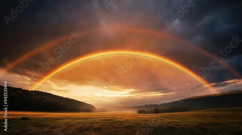 A stunning double rainbow arches over a serene landscape at sunset, illuminating the sky with vibrant colors and natural beauty after a storm.