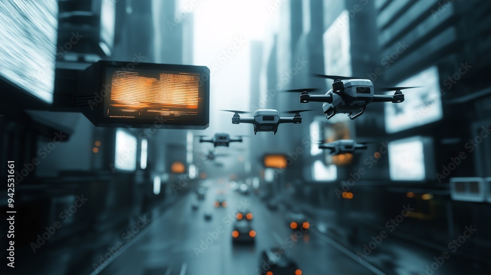 Drones Soaring Over Urban Skyline: A captivating cityscape emerges with a fleet of sleek drones soaring through the air, capturing the essence of modern technology and urban exploration. Drones Soaring Over Urban Skyline: A captivating cityscape emerges with a fleet of sleek drones soaring through the air, capturing the essence of modern technology and urban exploration.