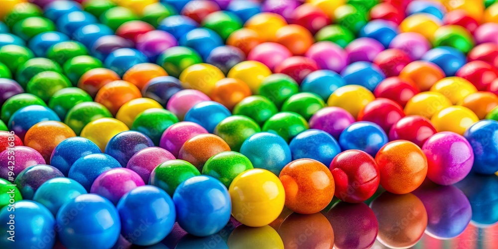 Vibrant candy balls reflected on surface creating a colorful rainbow gumball sweet display Vibrant candy balls reflected on surface creating a colorful rainbow gumball sweet display