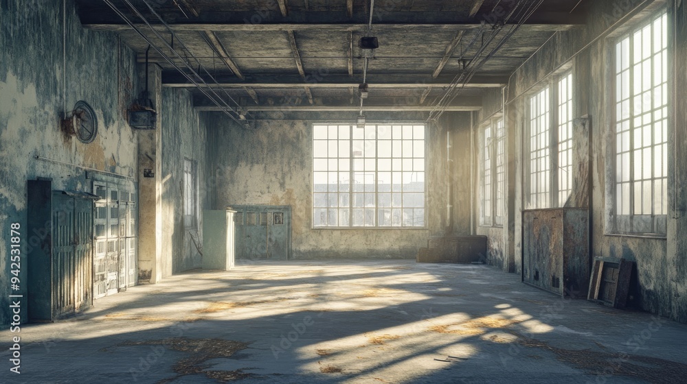 3D rendering of the interior space of a vintage abandoned factory