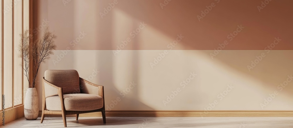 3D rendering of a living room interior wall mockup featuring warm tones and an armchair set against a two tone wall background 3D rendering of a living room interior wall mockup featuring warm tones and an armchair set against a two tone wall background