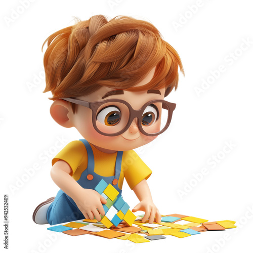 Cute Boy Playing with Colorful Blocks  D Illustration photo