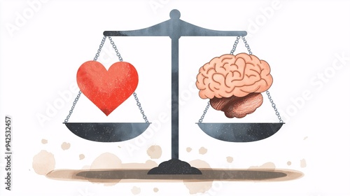 Heart vs. Mind: Watercolor scales weigh the complexities of emotion and logic, symbolizing the eternal struggle for balance within.  photo