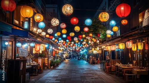 Vibrant night scene of Fukuoka famous lantern-lit street