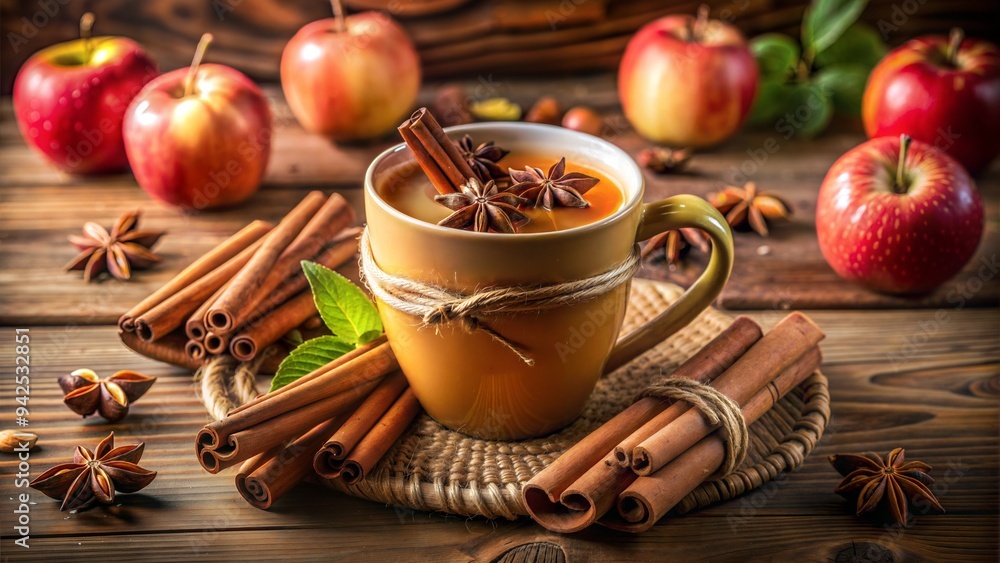 Aromatic spiced apple cider in rustic mug surrounded by fresh apples and spices Aromatic spiced apple cider in rustic mug surrounded by fresh apples and spices