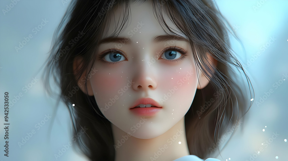 Close-up portrait of a young woman with blue eyes and soft pink cheeks. Close-up portrait of a young woman with blue eyes and soft pink cheeks.