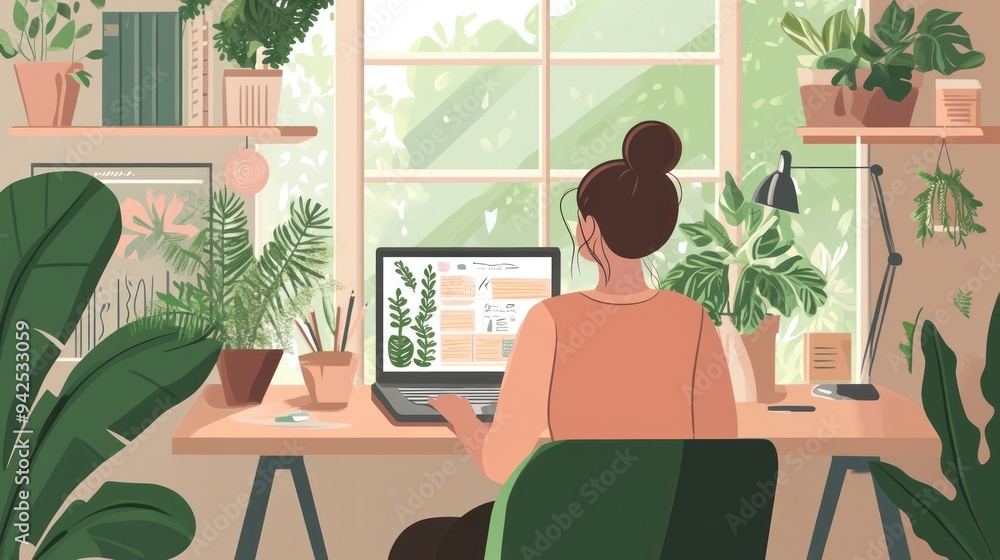 Fototapeta premium Woman Working at Her Desk in a Room Filled with Plants
