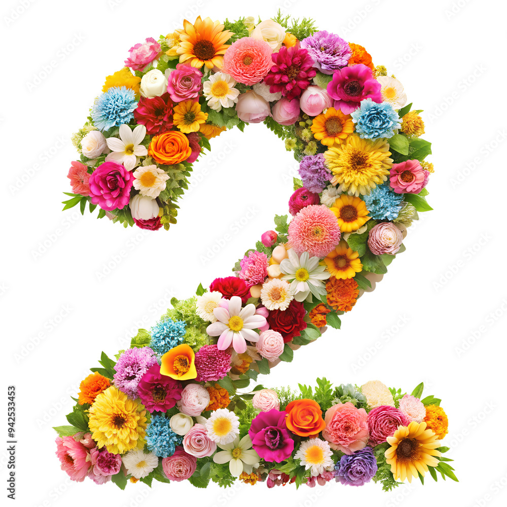 Stringing beautiful flowers together to form the English letter 2, isolated on transparent background Stringing beautiful flowers together to form the English letter 2, isolated on transparent background