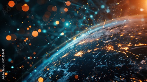 Earth, interconnected with vibrant fiber optic lines, illustrating global networking and artificial intelligence transmission in a dynamic, futuristic landscape.