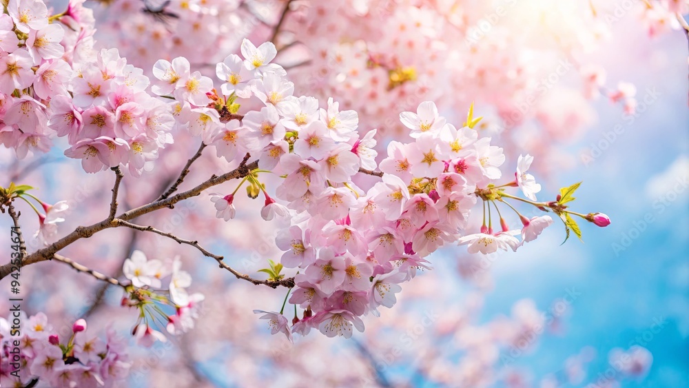 Delicate cherry blossoms in full bloom under a soft spring sky Delicate cherry blossoms in full bloom under a soft spring sky