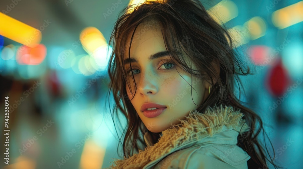 Fototapeta premium Traveling Young Woman Waiting for Flight in Airport Terminal