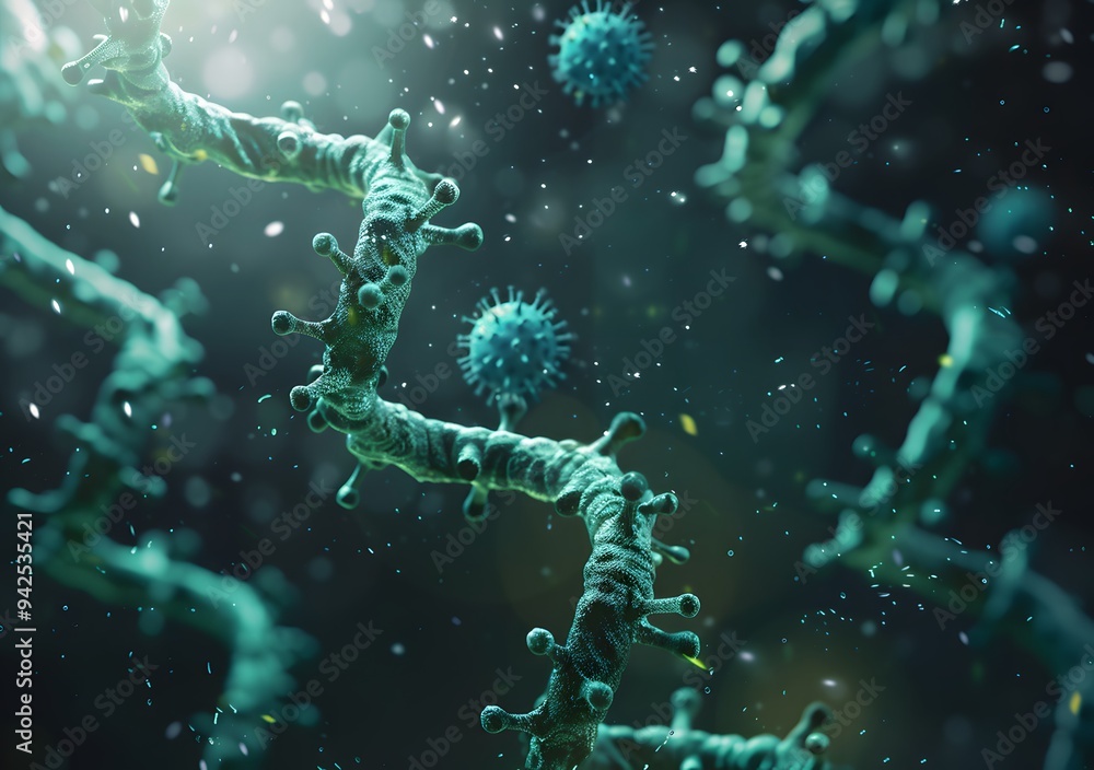 Greenish green virus cells and DNA strands on dark background, photorealistic Greenish green virus cells and DNA strands on dark background, photorealistic