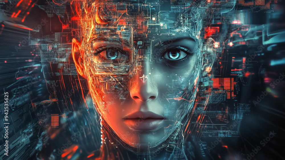 portrait blending human and machine elements cybernetic features portrait blending human and machine elements cybernetic features