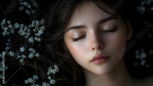 Close-up portrait of a young woman with closed eyes and delicate white flowers around her.