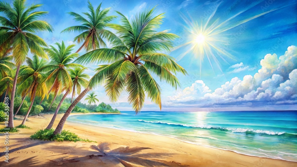 Vibrant watercolor of a sunny beach holiday with palm trees, blue ocean, and golden sand Vibrant watercolor of a sunny beach holiday with palm trees, blue ocean, and golden sand
