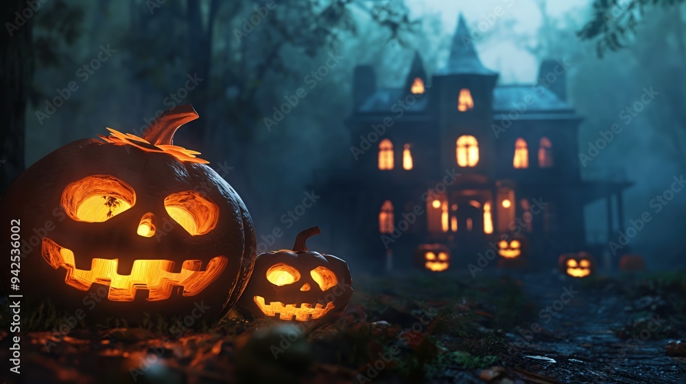 Spooky Halloween Scene with Pumpkins and Haunted Castle Under a Full Moon Spooky Halloween Scene with Pumpkins and Haunted Castle Under a Full Moon