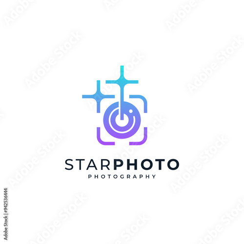 colorful and shiny camera with frame and star for photography studio logo	
