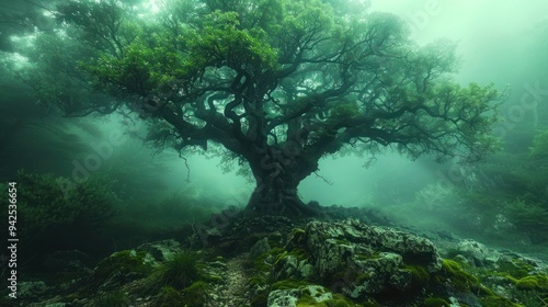 Enchanting Misty Forest with Ancient Trees and Lush Foliage - Nature Landscape Photography