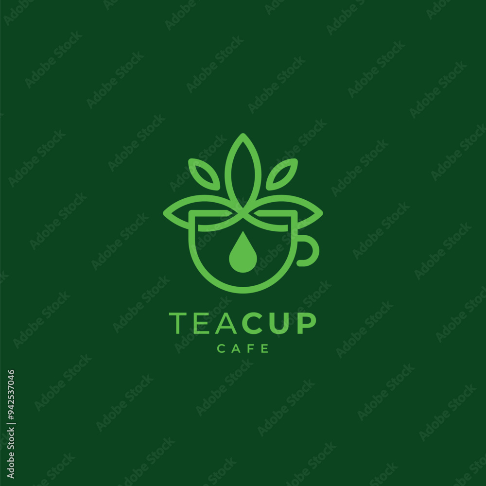 cup with tea leaves and tea drops for beverage, teahouse and cafe logos cup with tea leaves and tea drops for beverage, teahouse and cafe logos