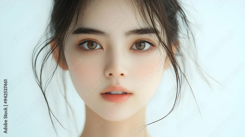 Close-up portrait of a young woman with dark hair, brown eyes, and light skin looking at the camera. Close-up portrait of a young woman with dark hair, brown eyes, and light skin looking at the camera.
