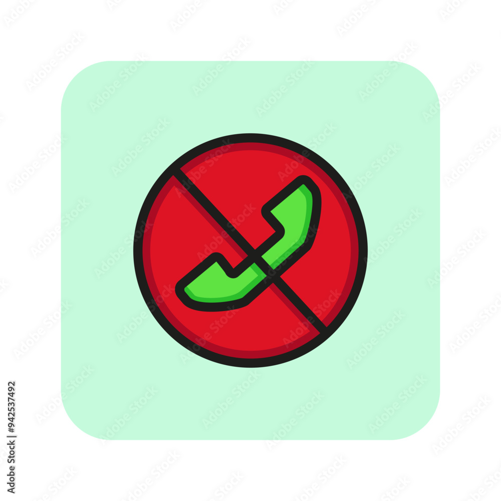 Rejected call line icon. Phone and prohibiting sign. Rejection concept. Can be used for topics like app design, smartphone interface, notification Rejected call line icon. Phone and prohibiting sign. Rejection concept. Can be used for topics like app design, smartphone interface, notification