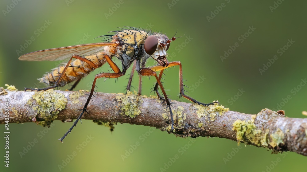Macro Photography of a Robber Fly Perched on a Branch Macro Photography of a Robber Fly Perched on a Branch