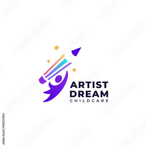 little boy with colored pencils and stars for playground, education, painting class and childcare logo